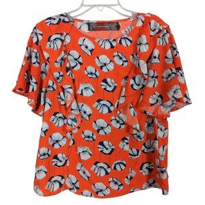 CODE MODE Ruffle orange blue‎ white floral cropped short sleeve blouse S
